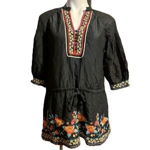 Black embroidered Boho silk blend cover up tunic blouse